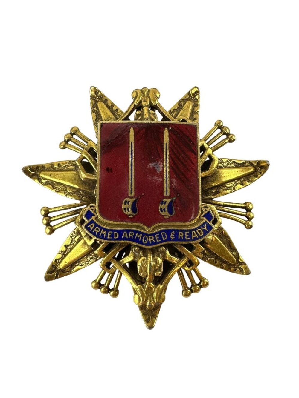 WWII Brooch Armed Armored and Ready Red Enamel Gold Tone